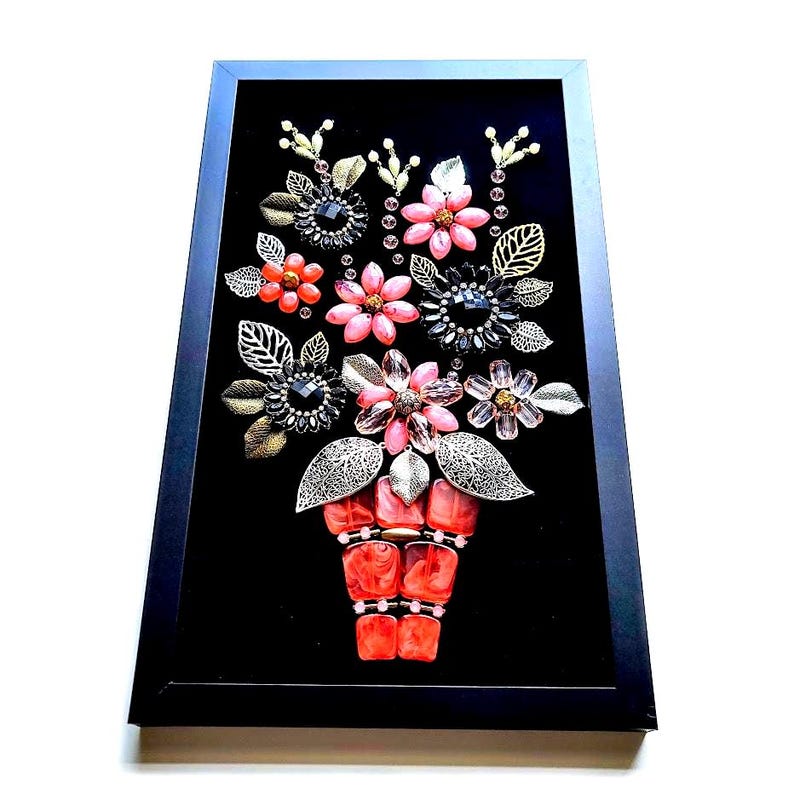 Framed Jeweled Flower Bouquet Collage - Vintage Style Wall Art afbeelding 8