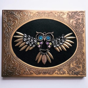 Vintage Bronze Color Owl Decor Gift jeweled framed collage wall hanging tabletop | Unique design framed birthday gift Owl Flying Bird Art