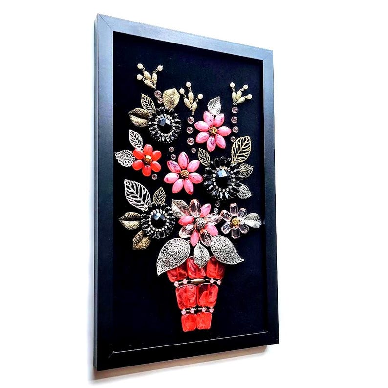 Framed Jeweled Flower Bouquet Collage - Vintage Style Wall Art afbeelding 9