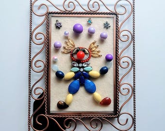 Clown Juggling Jeweled Art: Vintage Framed Collage, Kids' Room Decor