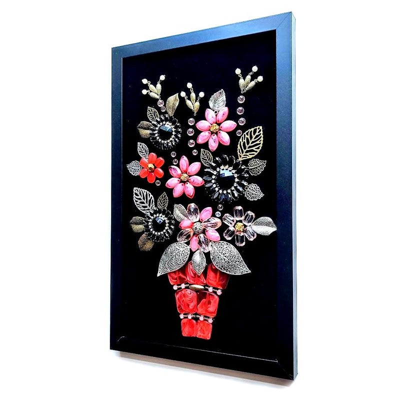 Framed Jeweled Flower Bouquet Collage - Vintage Style Wall Art afbeelding 10