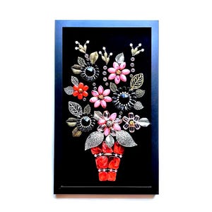 Framed Jeweled Flower Bouquet Collage - Vintage Style Wall Art Option C (9X15 in)