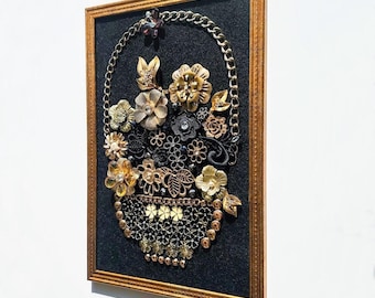 Vintage Jeweled Flower Bouquet Framed Wall Art: Black & Gold Decor