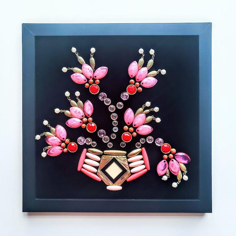 Framed Jeweled Flower Bouquet Collage - Vintage Style Wall Art Option A