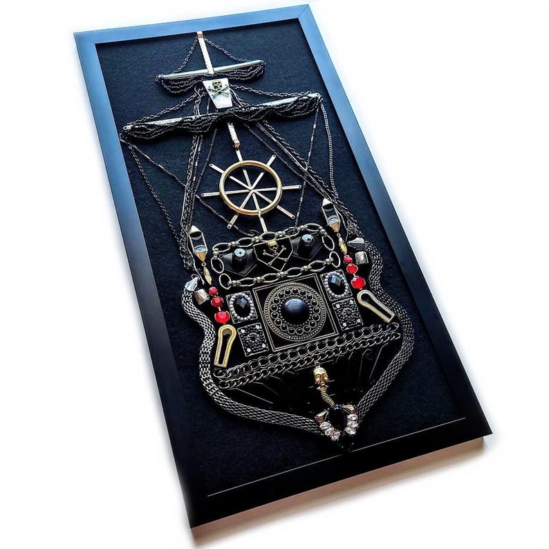 Steampunk 3-Masted and 2-Masted Pirate Ship Wall Art: Gothic Nautical Decor, Vintage Jewelry collage, one-of-a-kind, handcrafted imagem 8