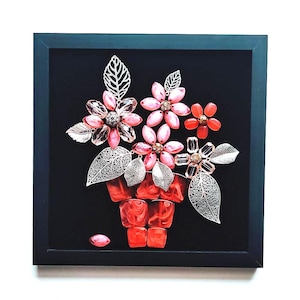 Framed Jeweled Flower Bouquet Collage - Vintage Style Wall Art Option B