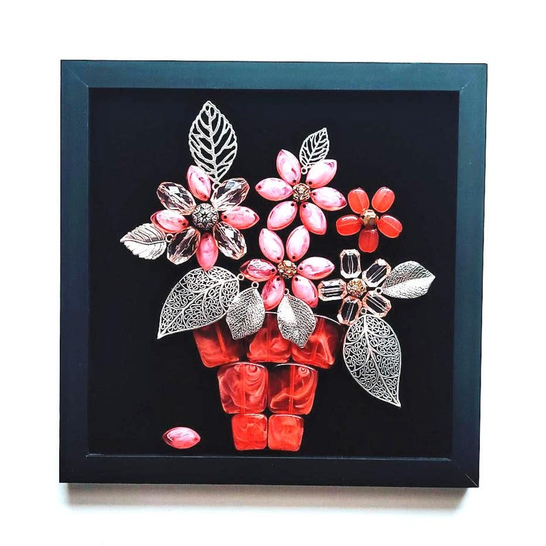 Framed Jeweled Flower Bouquet Collage - Vintage Style Wall Art Option B