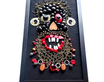 Folk Humor Assemblage – Creepy-Funny Mask Face, Folk Carnival Object, “I Look Intense But I’m Actually a Bit Ridiculous — And I Know It”