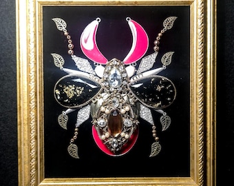 Jeweled Beetle Wall Art – Handcrafted Vintage-Inspired Jewelry & Beads Collage, One-of-a-Kind Framed Artwork