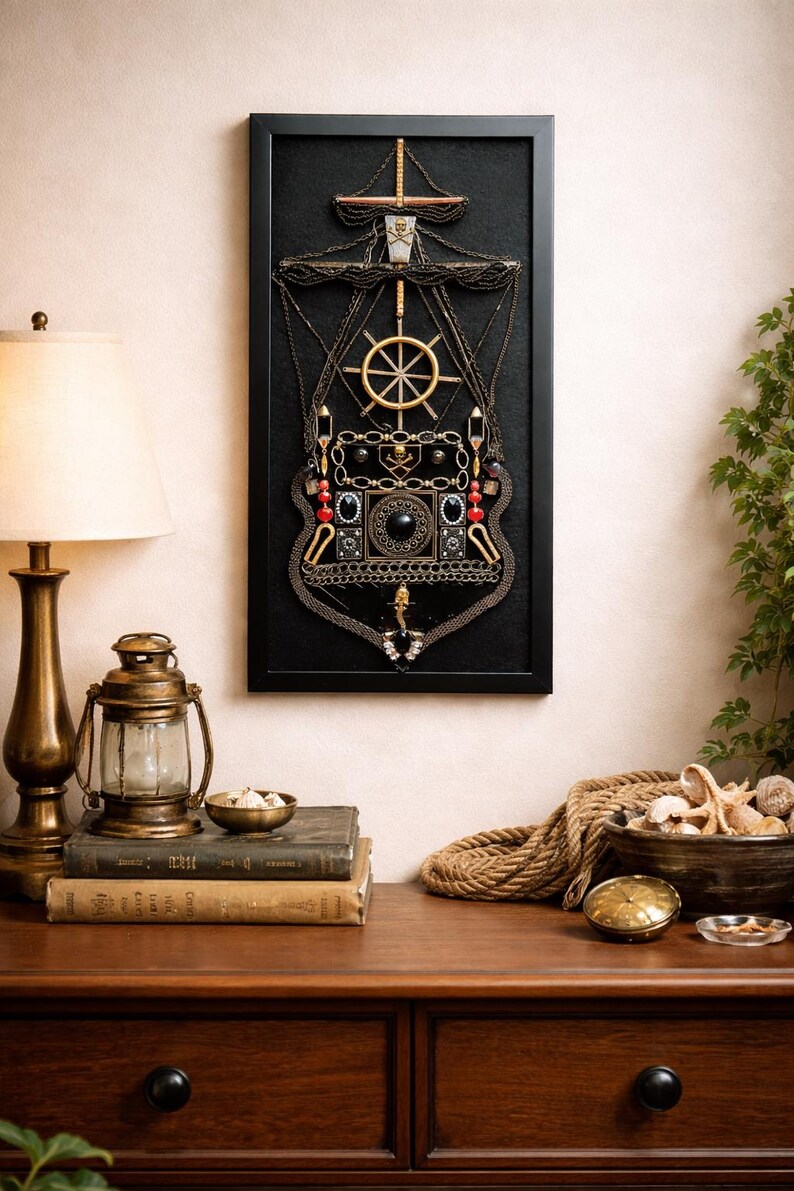 Steampunk 3-Masted and 2-Masted Pirate Ship Wall Art: Gothic Nautical Decor, Vintage Jewelry collage, one-of-a-kind, handcrafted imagem 5