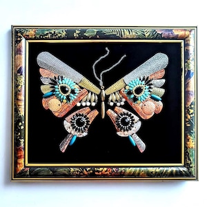 Jeweled Butterfly Collage Art: Vintage Style Framed Wall Decor Option A