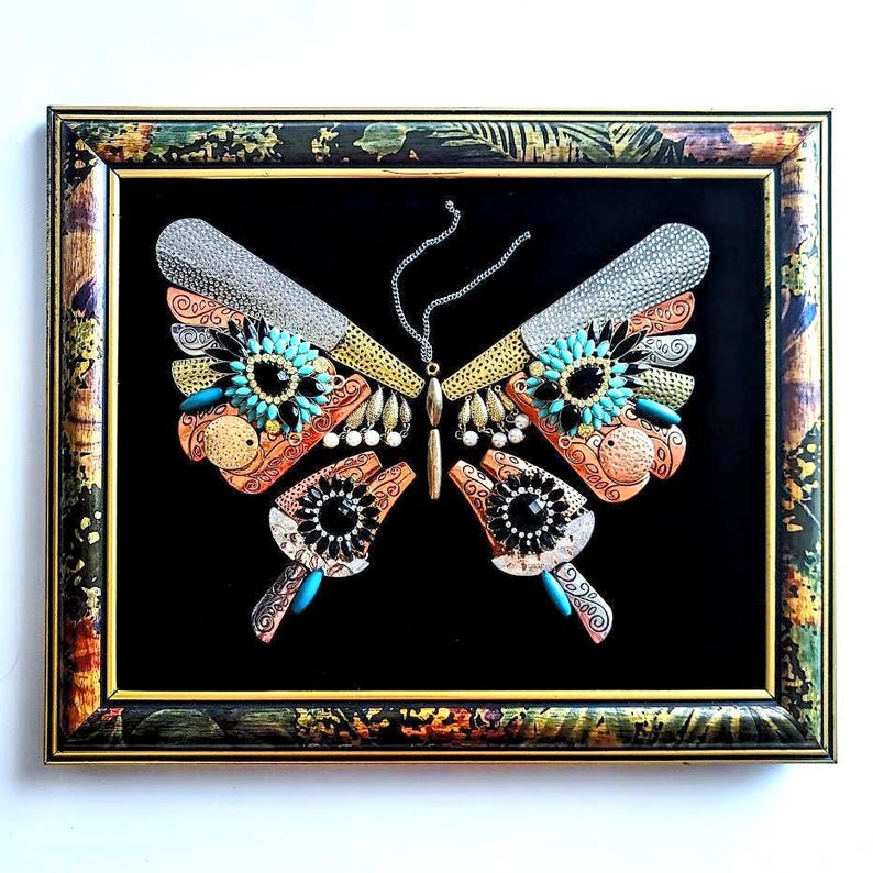 Jeweled Butterfly Collage Art: Vintage Style Framed Wall Decor Option A