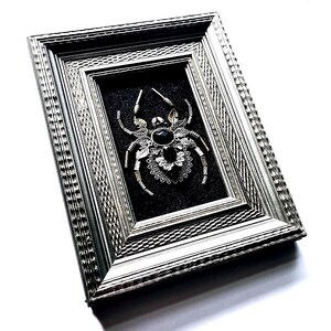May include: A framed, silver-toned spider brooch with a large black gemstone center. The spider is intricately detailed with delicate legs and decorative accents. The brooch is set against a dark gray background within a silver frame, creating a striking contrast.