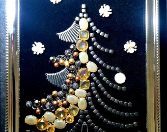 Vintage Jewelry Christmas Tree Framed Wall Art: Mid-Century Modern Decor in a Shiny Silver frame