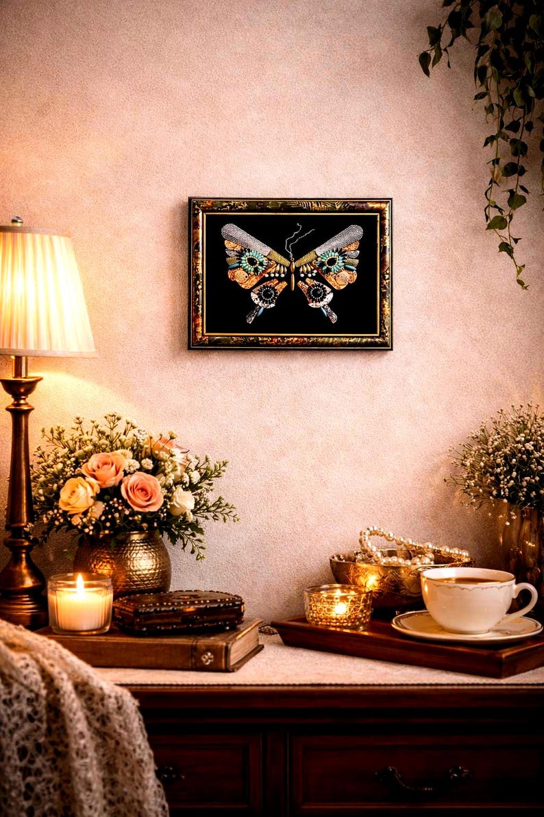 Jeweled Butterfly Collage Art: Vintage Style Framed Wall Decor Bild 3