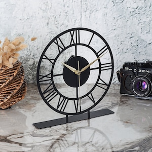 Metal Table Clock with Roman Numeral, Decorative Desk Clock, For Home or Office Décor, Unique Desktop Clock Model