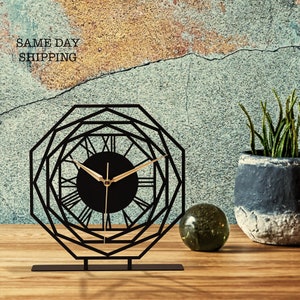 Geometric Layered Tabletop Clock, Metal Laser Cut, Illusion Octagon Desk Clock, Analog Silent Mechanism, Modern Metal Art for Home & Office