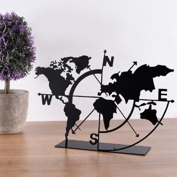 Metal Geographical World Map Metal Tabletop Decor, Travel Lovers Gift, Compass Design with Map, Laser Cut, Unique Office and Home Decoration