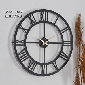 Large Black Metal Wall Clock – Modern Decorative Roman Numeral Clock – Silent Battery Operated Analog Clock for Living Room 20&#39;&#39;