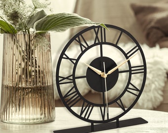 Black Decorative Metal Desk Clock Modern Clocks for Living Room Analog Silent Battery Operated Desk Clock Horloge De Bureau 9''