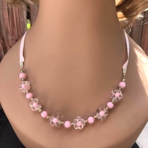 Lightweight Pink Floral Beaded Ribbon Cord Necklace