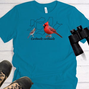 May include: A turquoise blue t-shirt with a black outline of the United States, with the states where the cardinal is found highlighted. The shirt features a red cardinal and a smaller gray cardinal with the text "Cardinalis cardinalis".