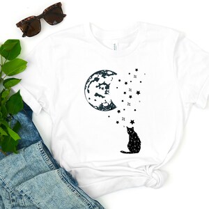 Mystical Cat and Waxing Moon/mystical t-shirt/waxing moon/cat in moonlight/graphic shirt/artistic shirt/cool graphic shirt/esoteric gift