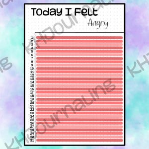 Puede incluir: Un rastreador de estado de ánimo imprimible con un esquema de color rosa y blanco. El rastreador está etiquetado como "Hoy me sentí enojado" y tiene 31 líneas numeradas para el seguimiento diario.