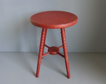 Antique Small Side Table/Antique Plant Stand/Red Wooden Stand/Original Paint/Vintage/Farmhouse Decor/Country Primitive Small Table