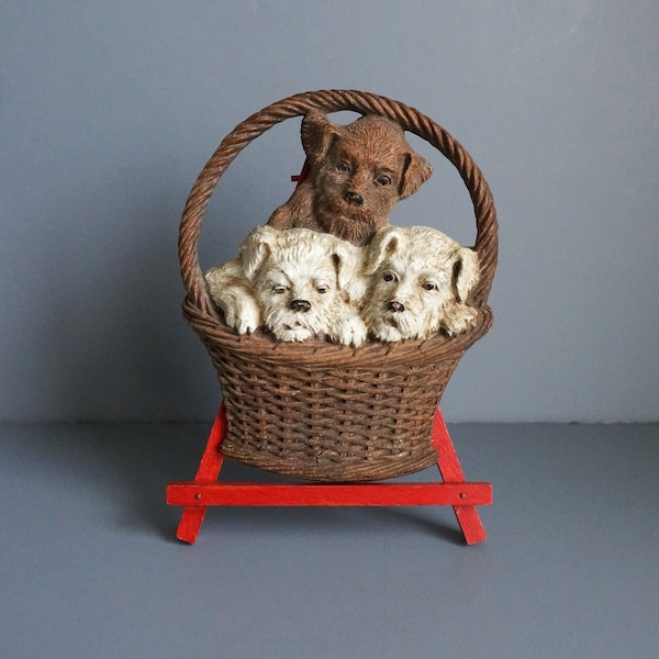 Vintage Basket of Puppies Wall Plaque/Ornawood, Made in USA/Dog/Puppies/Wall Plaque/Dog Collectable/Farmhouse Decor/Country Cottage