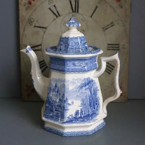 Antique Blue and White Teapot/1840-1850s/Transferware//Mid 19th Century/Octagonal/9 Inches/Matching Lid