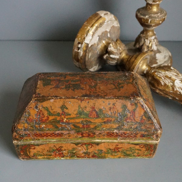 Rare 18th Century Venetian Box/Antique Italian Box/Animated Characters/Cardboard/Removable Top/2 Pc. Box/Box For Treasures/Cataloged/Venice