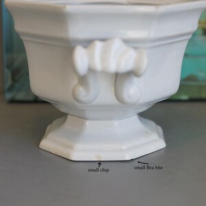 May include: A white ceramic planter with an octagonal base and decorative handles. The planter has a small chip and flea bite on the base. The planter is likely vintage.