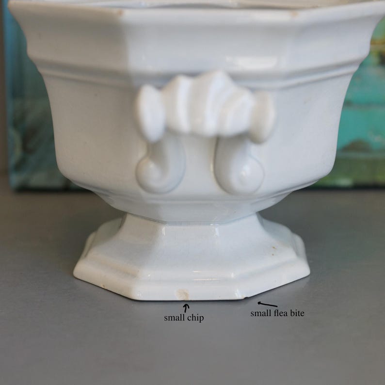 May include: A white ceramic planter with an octagonal base and decorative handles. The planter has a small chip and flea bite on the base. The planter is likely vintage.