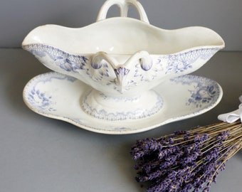 Antique French Gravy Boat/Antique French Sauceboat/19th Century/French Faience/LavenderTransfer Ware /Double Handle/Signed/French Decor