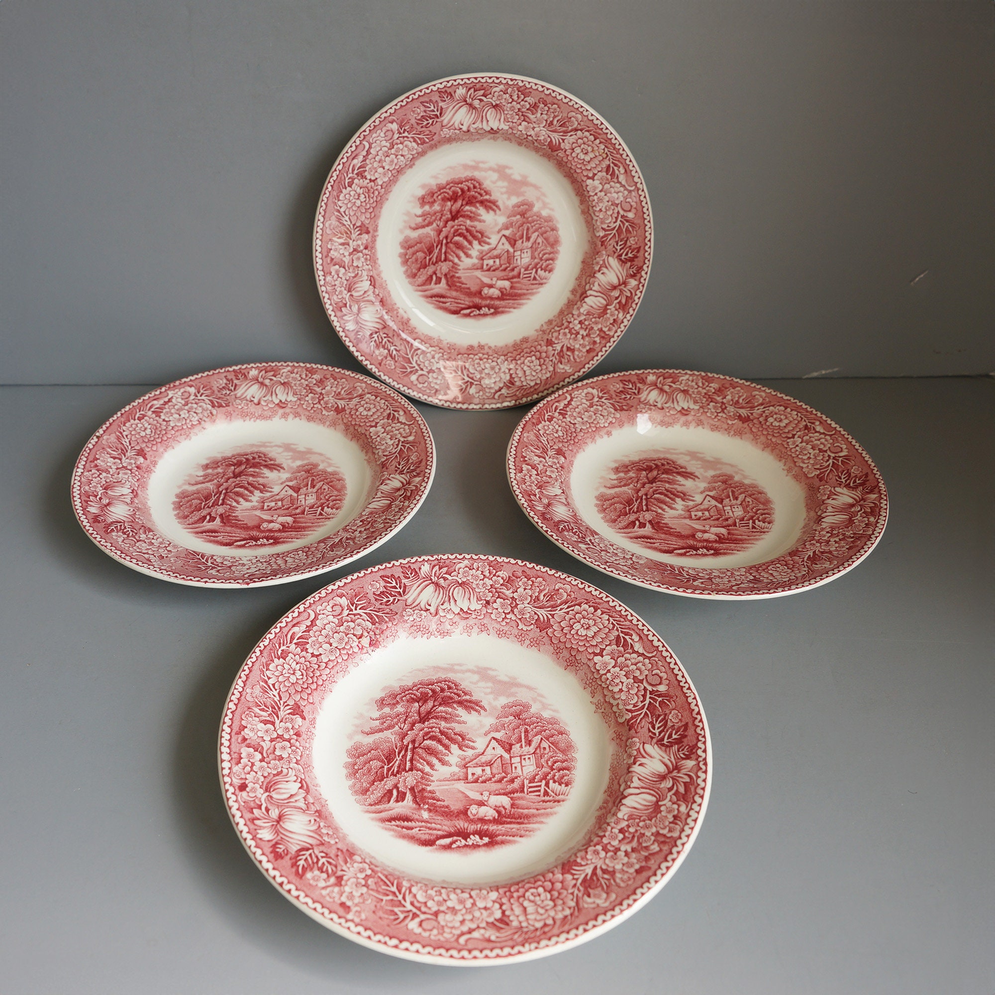 Vintage Adams English Countryside Red and White China Soup