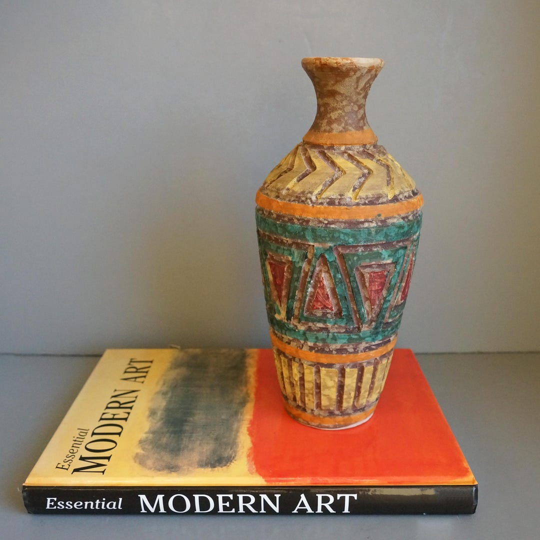 Mid Century Modern Italian Ceramic Vase/Geometric Pattern/Fat Lava Glaze/Rough Finished/Pottery