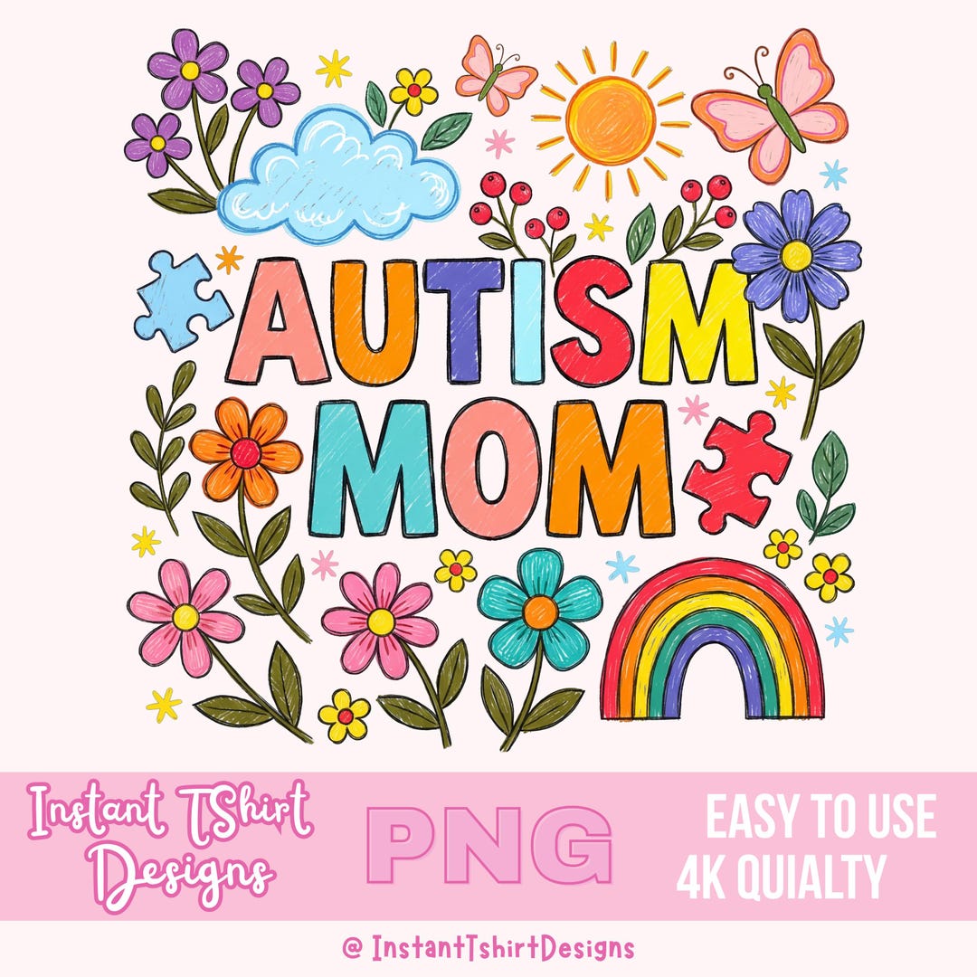Autism Mom PNG Colorful Crayon Style Hand Drawn Awareness Design Puzzle ...