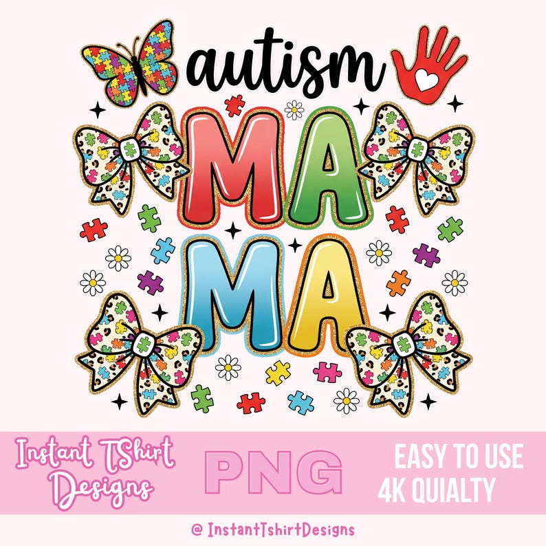Autism Mama MAMA PNG Colorful Puzzle Piece Trendy Glitter Leopard Bows ...