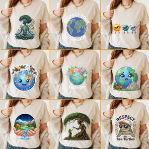 May include: A selection of beige t-shirts featuring Earth-themed designs. The graphics include a meditating tree figure, a globe with the text "Respect Your Mother", and a crying Earth with a truck. Other designs include a globe with flowers and the text "Earth Day".