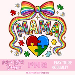 Puede incluir: Un diseño gráfico colorido con la palabra "MAMA" en letras de rompecabezas, un rompecabezas en forma de corazón y un lazo arcoíris. El diseño incluye el texto "Instant Tshirt Designs", "PNG" y "EASY TO USE 4K QUIALTY".