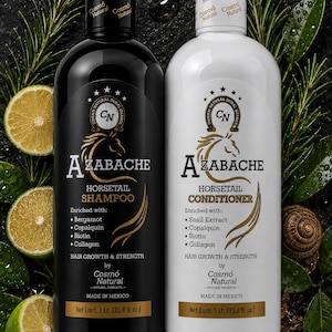 Puede incluir: Dos botellas de cuidado capilar Azabache Horsetail, un champú negro y un acondicionador blanco, con detalles dorados. Las botellas están enriquecidas con ingredientes naturales y fabricadas en México. La imagen incluye cítricos y vegetación.