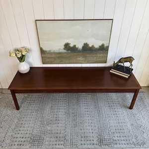 May include: A dark wood coffee table with a gray patterned rug underneath. The table is in front of a white wall with a framed landscape painting above it.