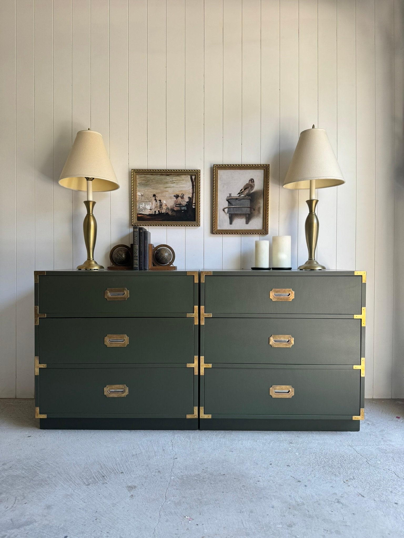 green campaign dresser Slate Interiors | New campaign-style 5-drawer dresser with soft-close drawers and dovetail construction, finished in a forest green lacquer. Measures 49 W X