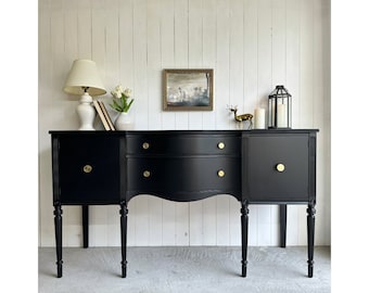 SOLD  • Vintage Hepplewhite Solid Mahogany buffet in Matte Black and Gold