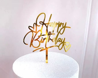 Décoration de gâteau de joyeux anniversaire 'Happy Birthday' en acrylique, miroir doré et rose, décorations de fête d'anniversaire