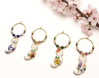 Floral Cat Wine Charms Set of 4 – Porcelain & Garden Cat Glass Markers