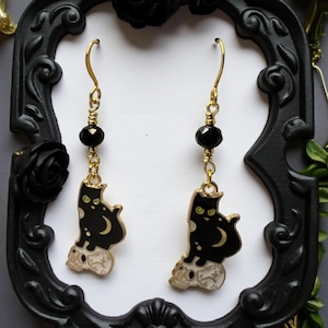 Halloween Black Cat and Skull Dangle Earrings