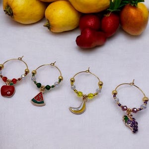Summer themed Fruit Wine Charms - Set of 4 includes an Apple, Watermelon slice, Bannana and Purple grapes