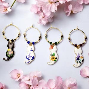 Floral Cat Wine Charms, Gold Plated Crystal Set of 4